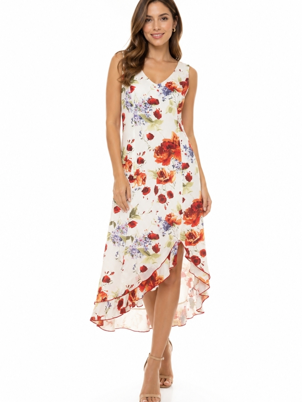Floral V-Neck High-Low Midi Dress in White with Red Orange Blooms